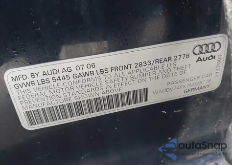2007 Audi A6 4.2 from USA, damaged, VIN WAUDV74FX7N028778